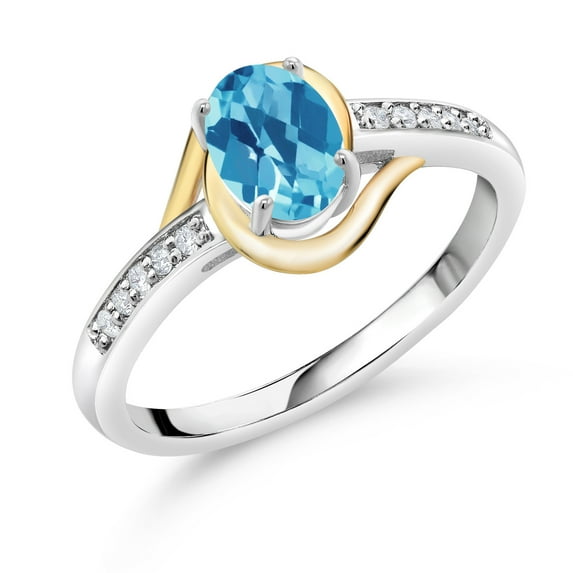 Gem Stone King 10K Yellow Gold and 925 Sterling Silver Swiss Blue Topaz and White Lab Grown Diamond Engagement Ring for Women (1.08 Cttw, Available in Size 5, 6, 7, 8, 9)