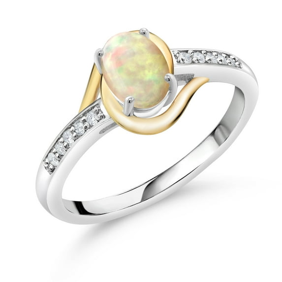 Gem Stone King 10K Yellow Gold and 925 Sterling Silver White Ethiopian Opal and White Lab Grown Diamond Engagement Ring for Women (0.59 Cttw, Available in Size 5, 6, 7, 8, 9)