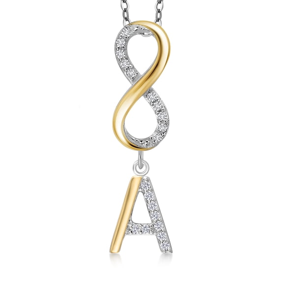 Gem Stone King 10K Yellow Gold and 925 Sterling Silver White Lab Grown Diamond Initial Letter Charm Infinity Pendant Necklace for Women by Keren Hanan with 18 inch Chain