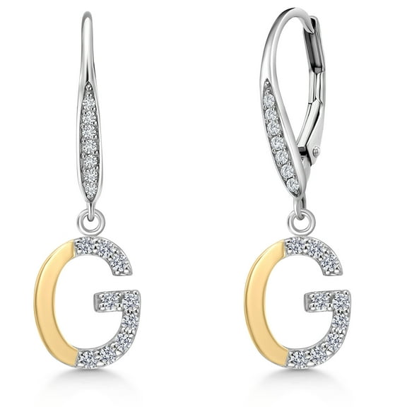 Gem Stone King 10K Yellow Gold and 925 Sterling Silver White Lab Grown Diamond Initial Letter Charm Leverback Dangling Earrings for Women by Keren Hanan