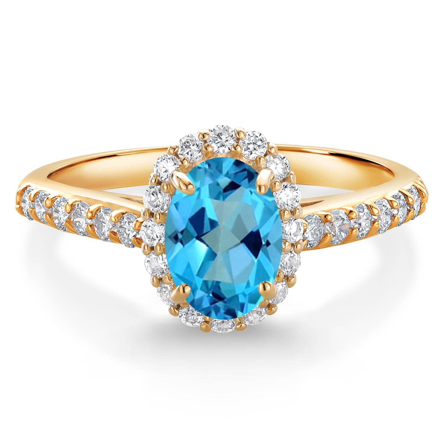 Gem Stone King 10K Yellow Gold American Blue Mystic Topaz and White Lab Grown Diamond Halo Engagement Ring for Women (1.31 Cttw, Gemstone, Oval 7X5MM)