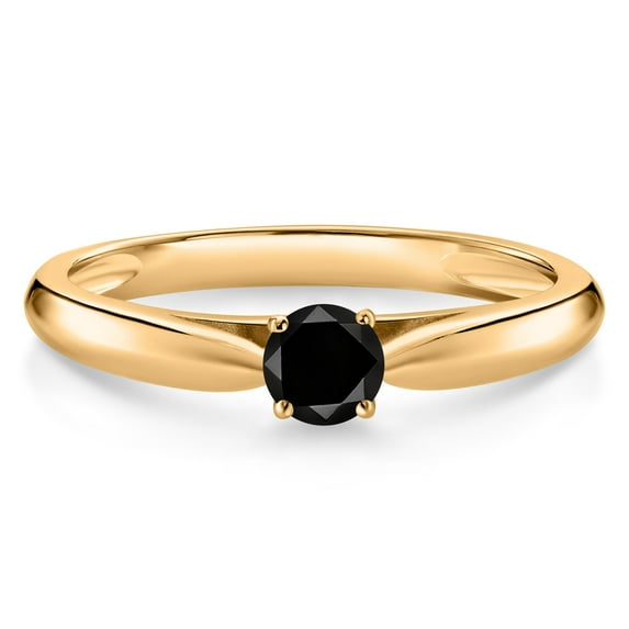 Gem Stone King 10K Yellow Gold Black Diamond Solitaire Engagement Ring for Women (0.17 Cttw, Gemstone April Birthstone, Round 3.5MM, Size 7)