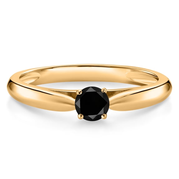 Gem Stone King 10K Yellow Gold Black Diamond Solitaire Engagement Ring for Women (0.17 Cttw, Gemstone April Birthstone, Round 3.5MM, Size 9)