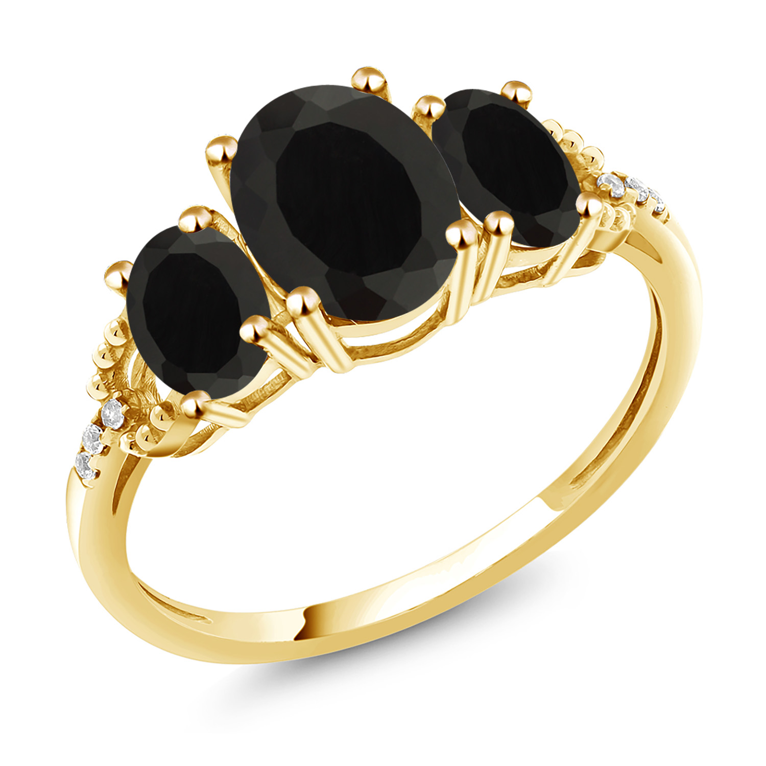 Gem Stone King 10K Yellow Gold Black Onyx and Diamond 3-Stone Engagement Ring | 2.44 Cttw | Gemstone Birthstone | 3 Stone Wedding Engagement Anniversary Promise Ring for Women (Size 9.5)