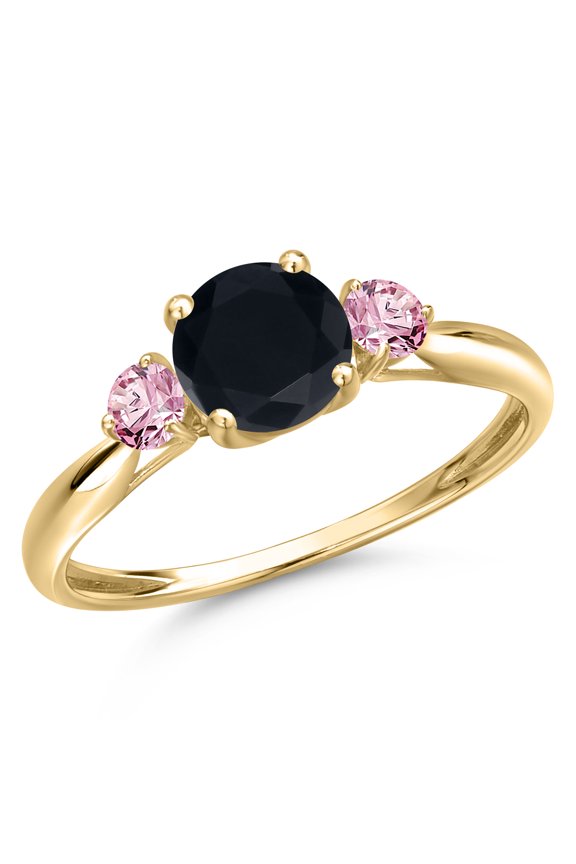 10K Yellow Gold Black Onyx and Pink Lab Grown Diamond 3-Stone Ring for Women | 1.06 Cttw | Round 6MM | Gemstone December Birthstone | Size 9