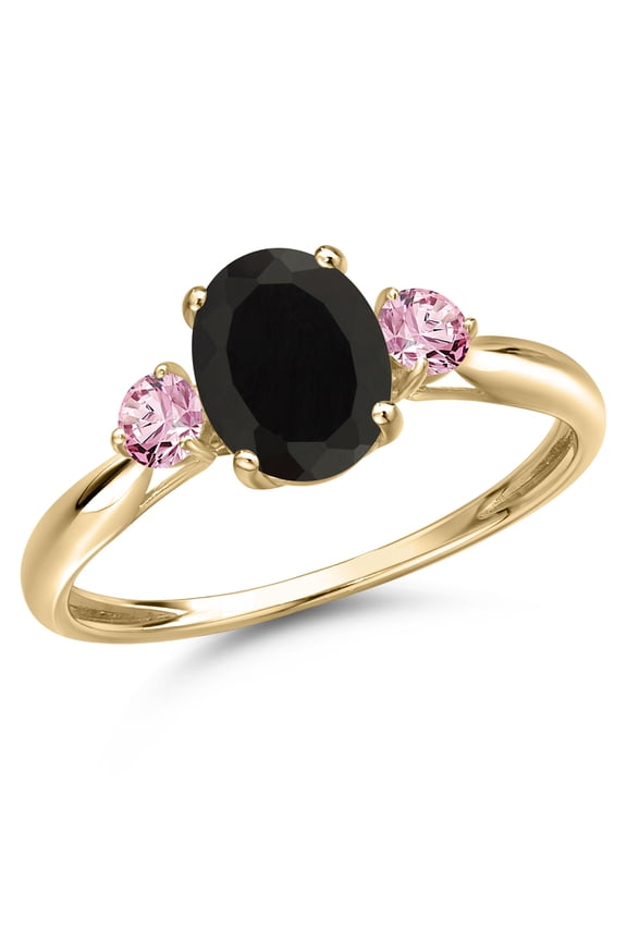 10K Yellow Gold Black Onyx and Pink Lab Grown Diamond 3-Stone Ring for Women | 1.86 Cttw | Oval 8X6MM | Gemstone December Birthstone | Size 6