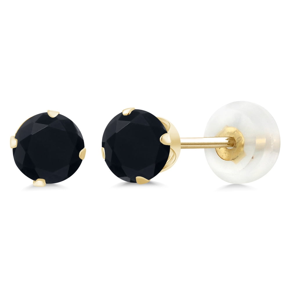 Gem Stone King 10K Yellow Gold Black Onyx Stud Earrings for Women Men (0.92 Cttw, Gemstone Birthstone, Round 5MM)