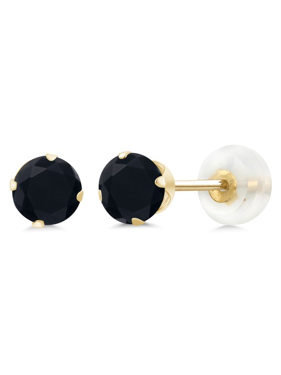 10K Yellow Gold Black Onyx Stud Earrings for Women Men (0.92 Cttw, Gemstone Birthstone, Round 5MM)