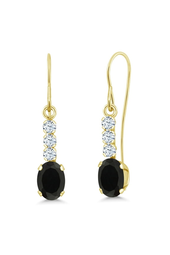 10K Yellow Gold Black Onyx and White Created Sapphire Drop Dangle Earrings for Women (1.02 Cttw, Gemstone December Birthstone, Oval 6X4MM)
