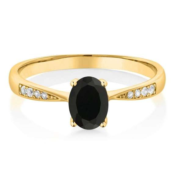 Gem Stone King 10K Yellow Gold Black Onyx and White Diamond Engagement Ring for Women (0.76 Cttw, Gemstone December Birthstone, Oval 7X5MM, Available in Size 5, 6, 7, 8, 9)