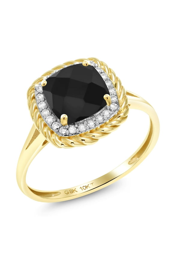 10K Yellow Gold Black Onyx and White Diamond Engagement Ring for Women (1.63 Cttw, Cushion Cut 7MM, Gemstone Birthstone, Available in Size 5, 6, 7, 8, 9)