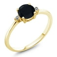 thumbnail image 1 of Gem Stone King 10K Yellow Gold Black Onyx and White Diamond Solitaire Engagement 3-Stone Ring for Women | 0.83 Cttw | Round 6MM | Gemstone December Birthstone (Size 5), 1 of 6