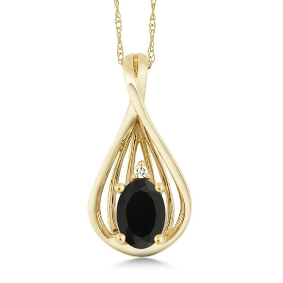 Gem Stone King 10K Yellow Gold Black Onyx and White Diamond Teardrop Pendant Necklace for Women (0.39 Cttw, Gemstone December Birthstone, Oval 6X4MM, with 18 inches Chain)