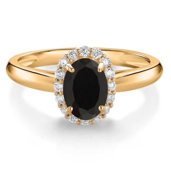 Gem Stone King 10K Yellow Gold Black Onyx and White Lab Grown Diamond Halo Engagement Ring for Women (0.83 Cttw, Gemstone December Birthstone, Oval 7X5MM, Size 8)