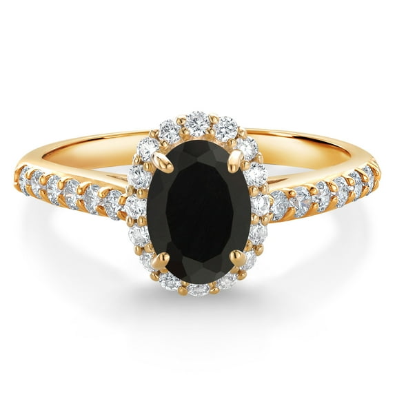 Gem Stone King 10K Yellow Gold Black Onyx and White Lab Grown Diamond Halo Engagement Ring for Women (1.01 Cttw, Gemstone December Birthstone, Oval 7X5MM)