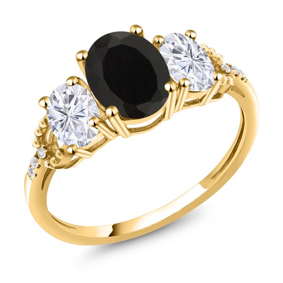Gem Stone King 10K Yellow Gold Black Onyx White Moissanite and Diamond 3-Stone Engagement Ring | 2.64 Cttw | Oval 8X6MM and 6X4MM | Three Stone Wedding Anniversary Promise Ring for Women| Size 9