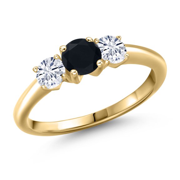 Gem Stone King 10K Yellow Gold Black Onyx and White Moissanite Engagement Ring for Women | 0.94 Cttw | Round 5MM | Gemstone December Birthstone | Size 9
