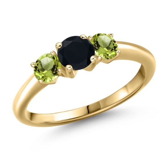Gem Stone King 10K Yellow Gold Black Onyx and Green Peridot Engagement Ring for Women | 1.08 Cttw | Round 5MM | Gemstone December Birthstone | Size 7