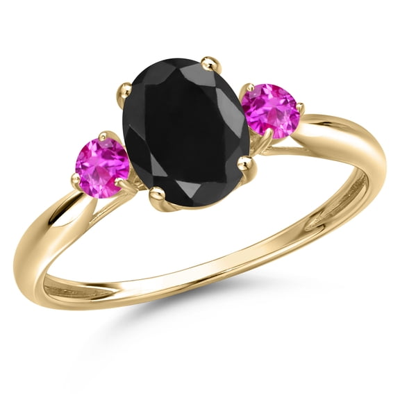Gem Stone King 10K Yellow Gold Black Sapphire and Pink Sapphire 3-Stone Ring for Women | 1.93 Cttw | Oval 8X6MM | Gemstone September Birthstone | Size 8