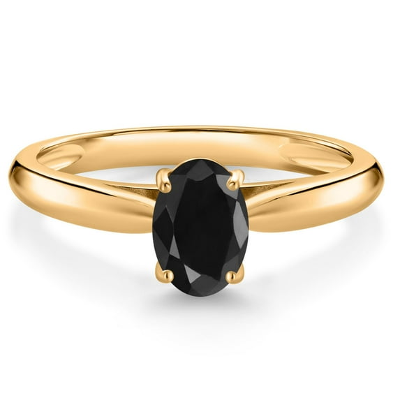 Gem Stone King 10K Yellow Gold Black Sapphire Solitaire Engagement Ring for Women (1.10 Cttw, Oval 7X5MM, Gemstone September Birthstone, Available in Size 5, 6, 7, 8, 9)