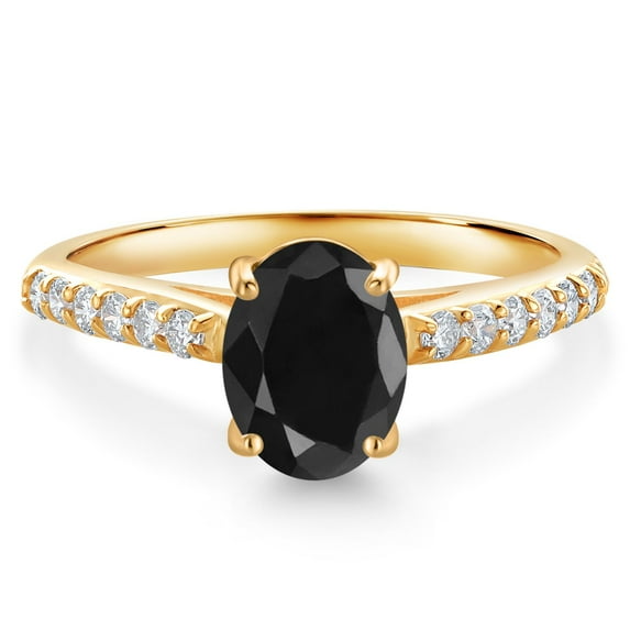 Gem Stone King 10K Yellow Gold Black Sapphire and White Lab Grown Diamond Engagement Ring for Women (1.84 Cttw, Oval 8X6MM, Gemstone September Birthstone, Size 5)