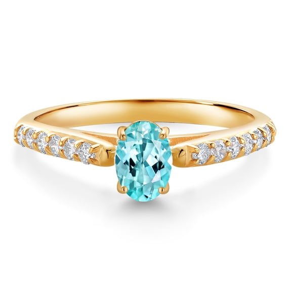Gem Stone King 10K Yellow Gold Blue Apatite and White Lab Grown Diamond Engagement Ring for Women (0.70 Cttw, Oval 6X4MM, Gemstone Birthstone, Size 9)