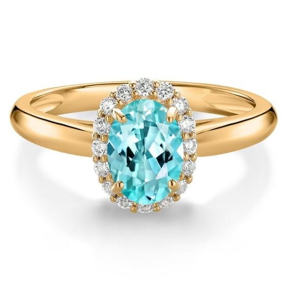 Gem Stone King 10K Yellow Gold Blue Apatite and White Lab Grown Diamond Halo Engagement Ring for Women (0.95 Cttw, Gemstone, Oval 7X5MM, Size 6)