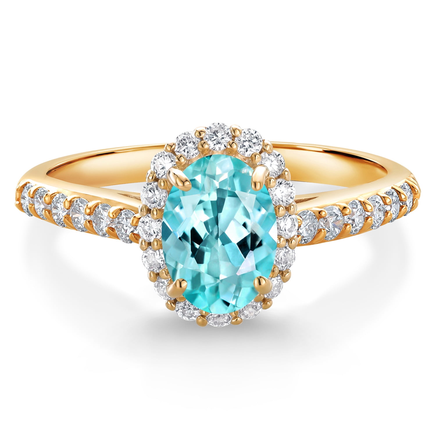 Gem Stone King 10K Yellow Gold Blue Apatite and White Lab Grown Diamond Halo Engagement Ring for Women (1.13 Cttw, Gemstone, Oval 7X5MM)