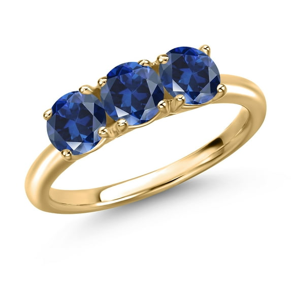 Gem Stone King 10K Yellow Gold Blue Created Sapphire Engagement Ring for Women | 1.80 Cttw | Round 5MM | Gemstone September Birthstone | Size 6