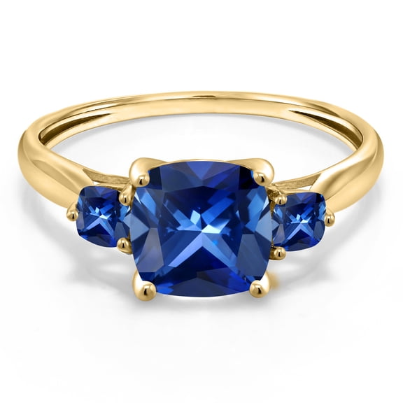 Gem Stone King 10K Yellow Gold Blue Created Sapphire Engagement Ring for Women | 2.26 Cttw | Cushion 7MM | Gemstone September Birthstone | Size 7