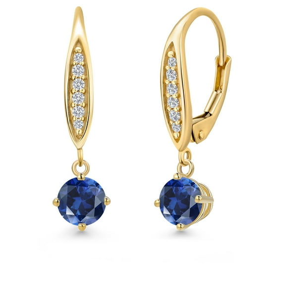 Gem Stone King 10K Yellow Gold Blue Created Sapphire and Lab Grown Diamond Dangle Earrings for Women | 1.29 Cttw | Gemstone September Birthstone | Round 5MM