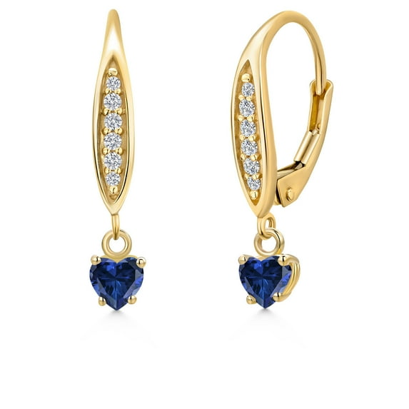 Gem Stone King 10K Yellow Gold Blue Created Sapphire and Lab Grown Diamond Earrings for Women | 1.09 Cttw | Gemstone September Birthstone | Heart Shape 4MM