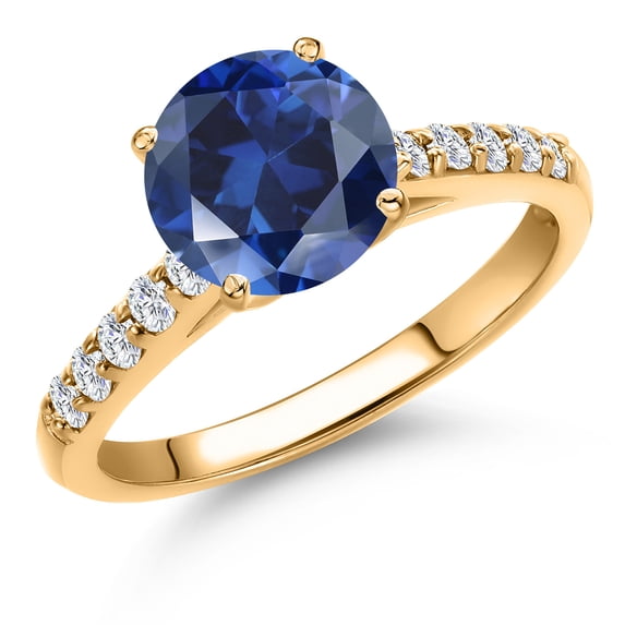 Gem Stone King 10K Yellow Gold Blue Created Sapphire and Lab Grown Diamond Engagement Ring for Women | 2.70 Cttw | Round 8MM | Gemstone September Birthstone | Available in Size 5,6,7,8,9