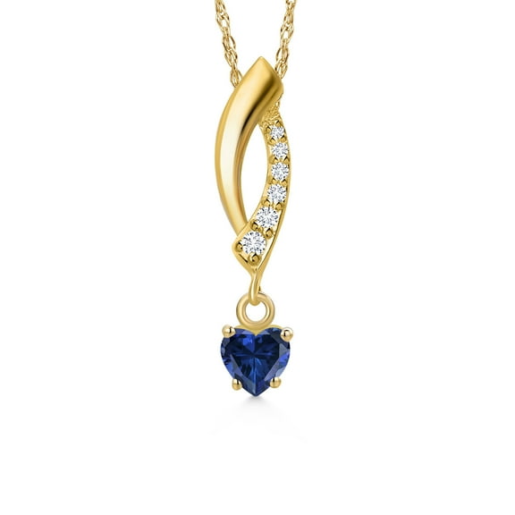 Gem Stone King 10K Yellow Gold Blue Created Sapphire and Lab Grown Diamond Pendant Necklace for Women | 0.53 Cttw | Gemstone September Birthstone | Heart Shape 4MM | With 18 inch Chain