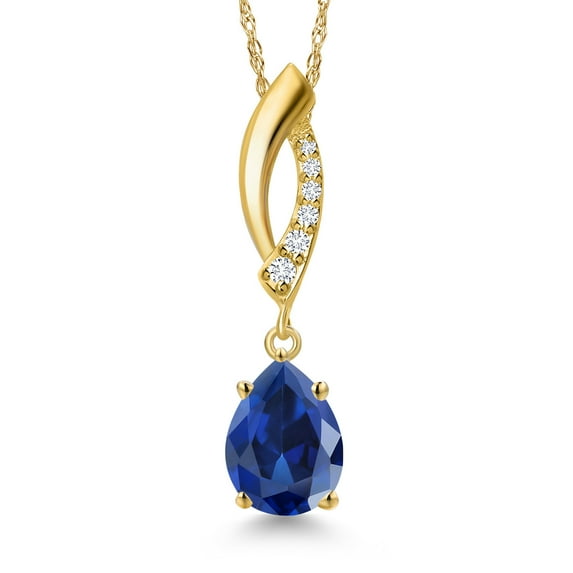 Gem Stone King 10K Yellow Gold Blue Created Sapphire and Lab Grown Diamond Pendant Necklace for Women | 2.03 Cttw | Gemstone September Birthstone | Pear Shape 8X6MM | With 18 inch Chain