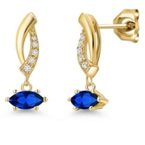 Gem Stone King 10K Yellow Gold Blue Created Sapphire and Lab Grown Diamond Stud Dangle Earrings for Women | 0.55 Cttw | Gemstone September Birthstone | Marquise 6X3MM