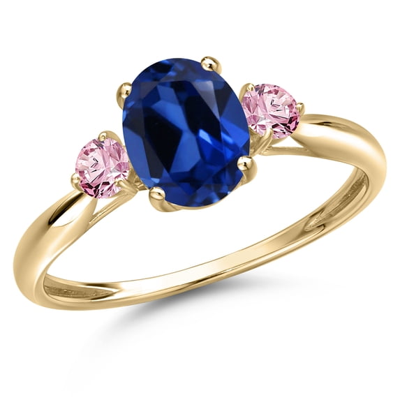 Gem Stone King 10K Yellow Gold Blue Created Sapphire and Pink Lab Grown Diamond 3-Stone Ring for Women | 1.86 Cttw | Oval 8X6MM | Gemstone September Birthstone | Size 7