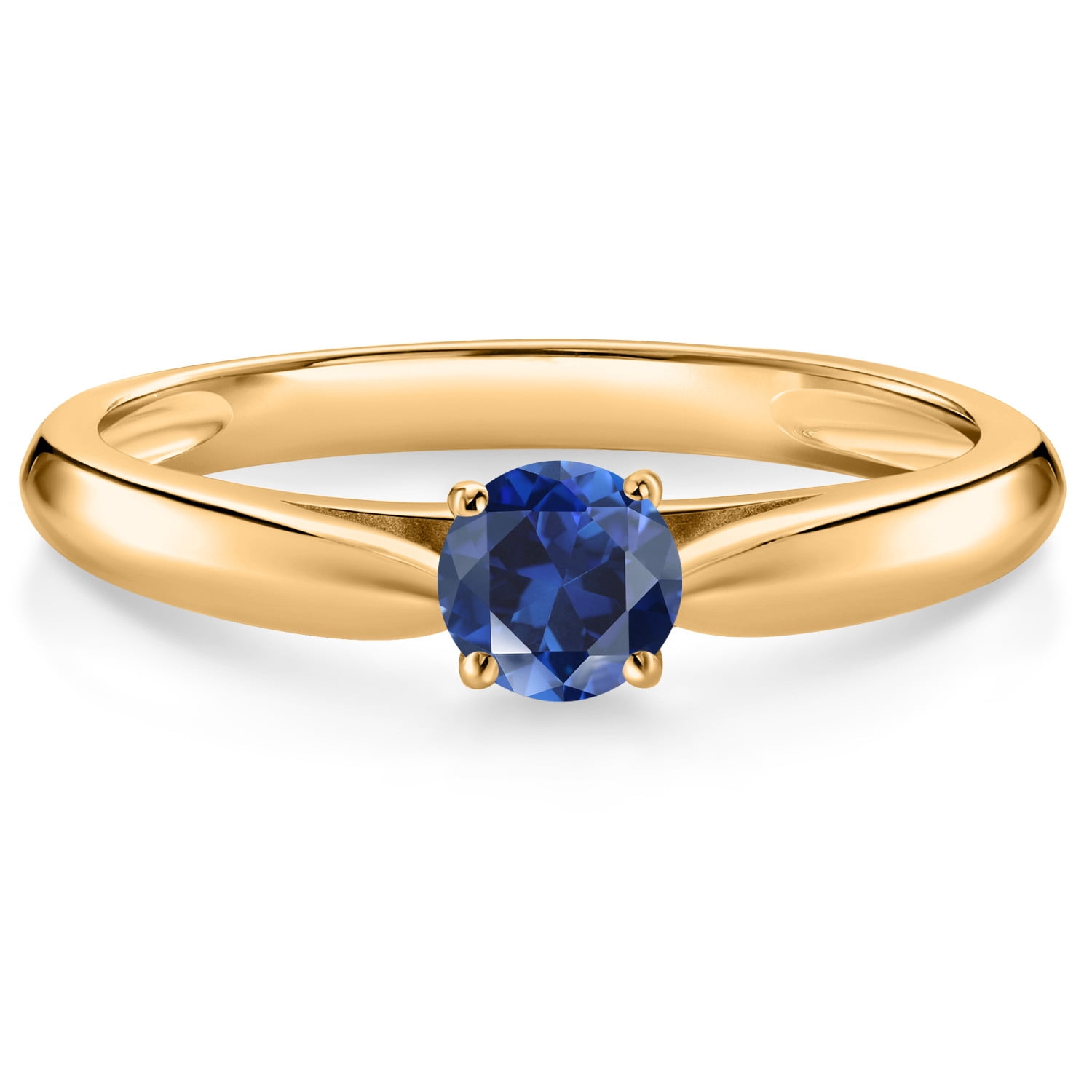 Gem Stone King 10K Yellow Gold Blue Created Sapphire Solitaire Engagement Ring for Women (0.25 Cttw, Gemstone September Birthstone, Round 4MM)