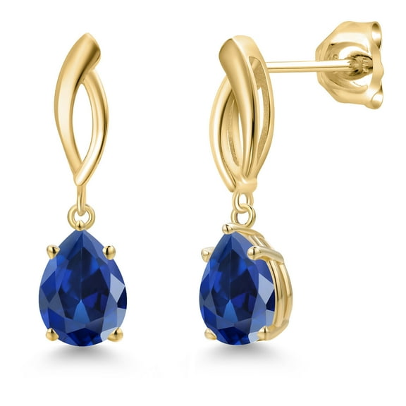 Gem Stone King 10K Yellow Gold Blue Created Sapphire Stud Dangle Earrings for Women | 4.00 Cttw | Gemstone September Birthstone | Pear Shape 8X6MM