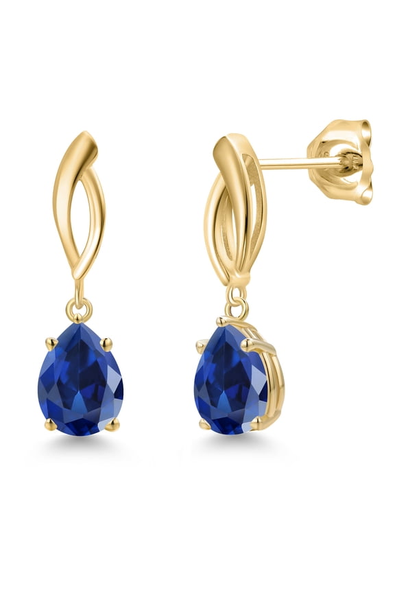 10K Yellow Gold Blue Created Sapphire Stud Dangle Earrings for Women | 4.00 Cttw | Gemstone September Birthstone | Pear Shape 8X6MM