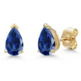 thumbnail image 1 of Gem Stone King 10K Yellow Gold Blue Created Sapphire Stud Earrings for Women | 2.00 Cttw | Gemstone September Birthstone | Pear Shape 7X5MM, 1 of 7