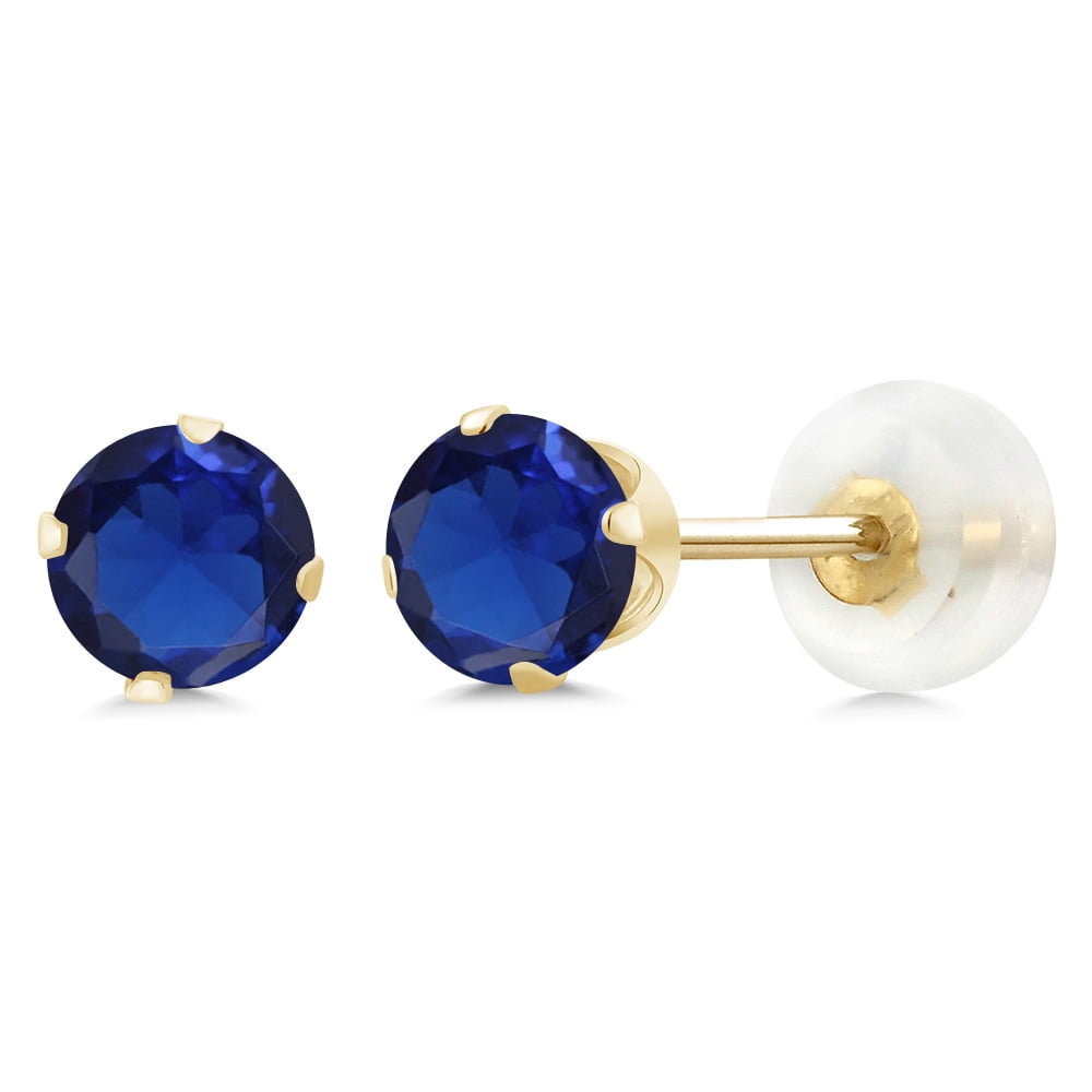 Gem Stone King 10K Yellow Gold Blue Created Sapphire Stud Earrings for Women Men (1.20 Cttw, Round 5MM)