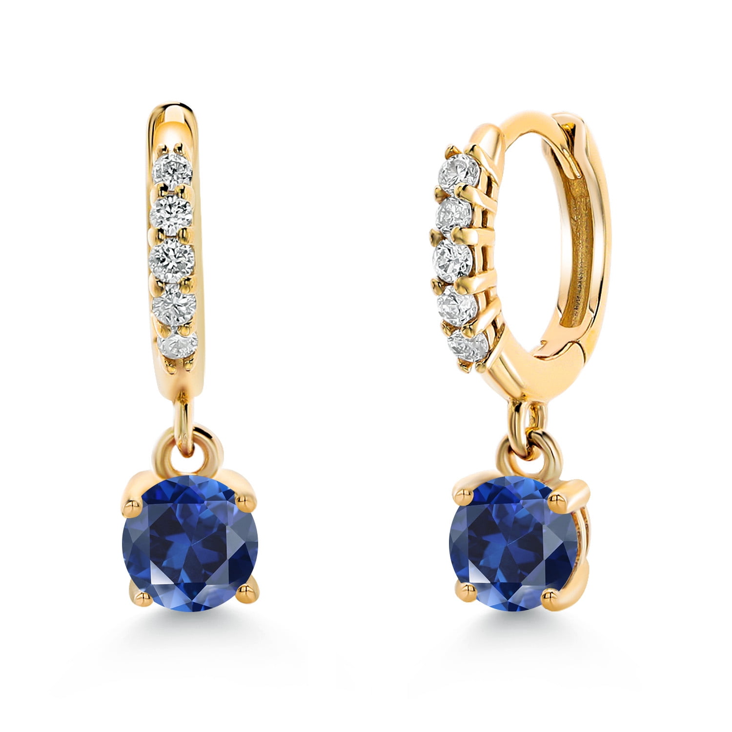Gem Stone King 10K Yellow Gold Blue Created Sapphire and White Lab Grown Diamond Dangle Drop Huggie Hoop Earrings for Women (0.60 Cttw, Gemstone September Birthstone, Round 4MM)