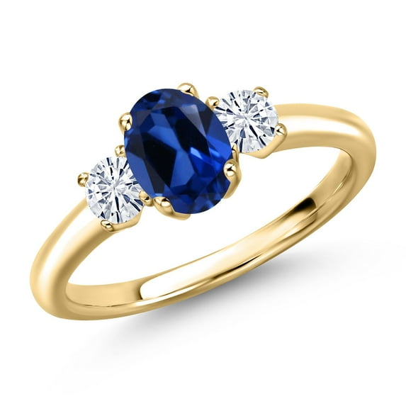Gem Stone King 10K Yellow Gold Blue Created Sapphire and White Moissanite Engagement Ring for Women | 1.32 Cttw | Oval 7X5MM | Gemstone September Birthstone | Size 5