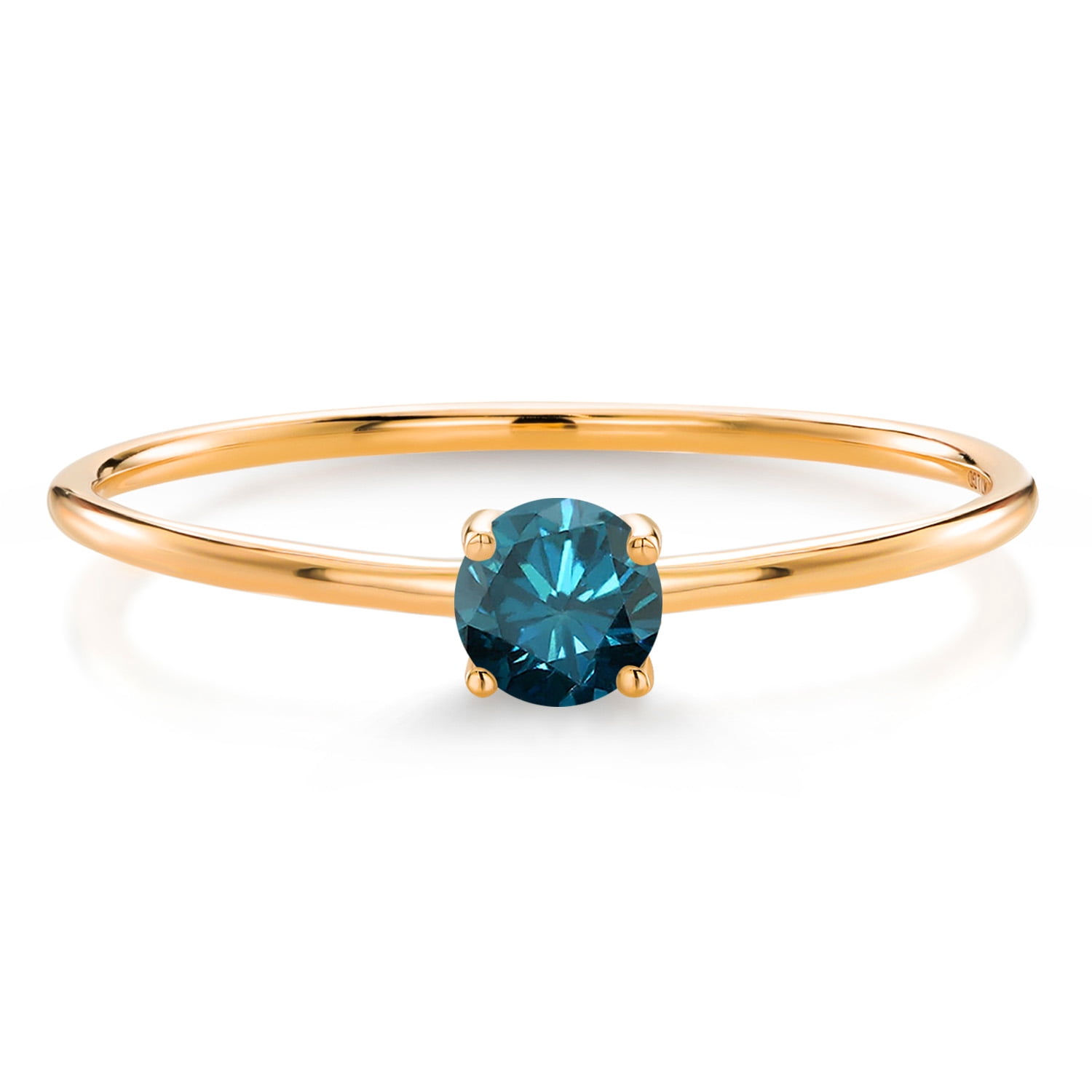 Gem Stone King 10K Yellow Gold Blue Diamond Solitaire Engagement Ring for Women (0.15 Cttw, Round 3.5MM, Gemstone April Birthstone, Size 5)