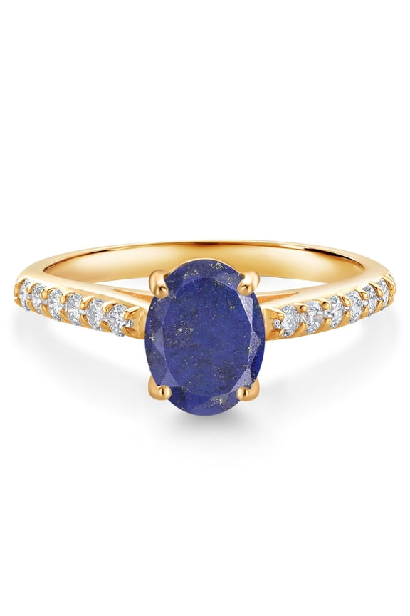 10K Yellow Gold Blue Lapis and White Lab Grown Diamond Engagement Ring for Women (1.58 Cttw, Oval 8X6MM, Gemstone Birthstone, Size 6)