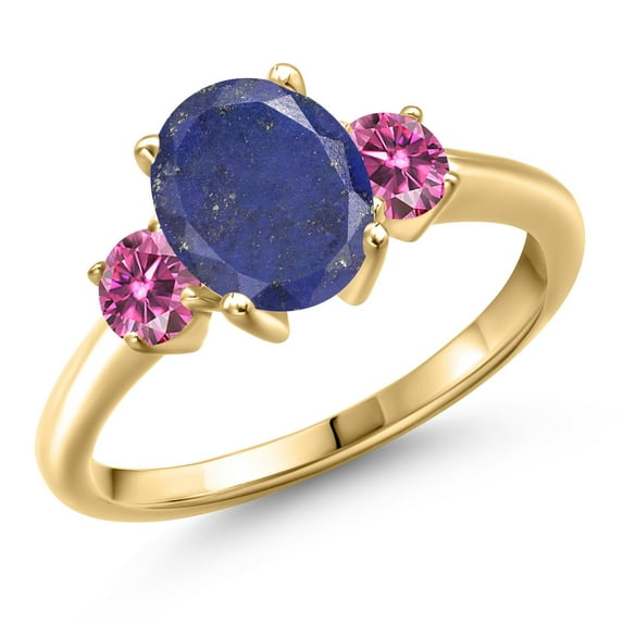 Gem Stone King 10K Yellow Gold Blue Lapis and Pink Moissanite Engagement Ring for Women | 2.46 Cttw | Oval 9X7MM | Gemstone Birthstone | Size 7
