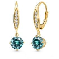 Gem Stone King 10K Yellow Gold Blue Moissanite and Lab Grown Diamond Earrings for Women | 2.12 Cttw | Gemstone Birthstone | Round 6.5MM