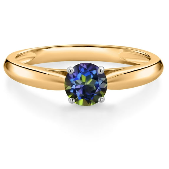 Gem Stone King 10K Yellow Gold Blue Mystic Topaz Solitaire Engagement Ring for Women (0.50 Cttw, Round 5MM, Gemstone, Available in Size 5, 6, 7, 8, 9)