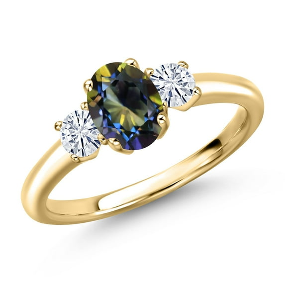Gem Stone King 10K Yellow Gold Blue Mystic Topaz and White Moissanite Engagement Ring for Women | 1.27 Cttw | Oval 7X5MM | Gemstone November Birthstone | Size 5